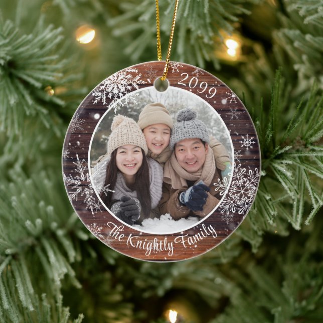 Rustic Wood Snowflake Photo Personalized Ceramic Ornament (Tree)