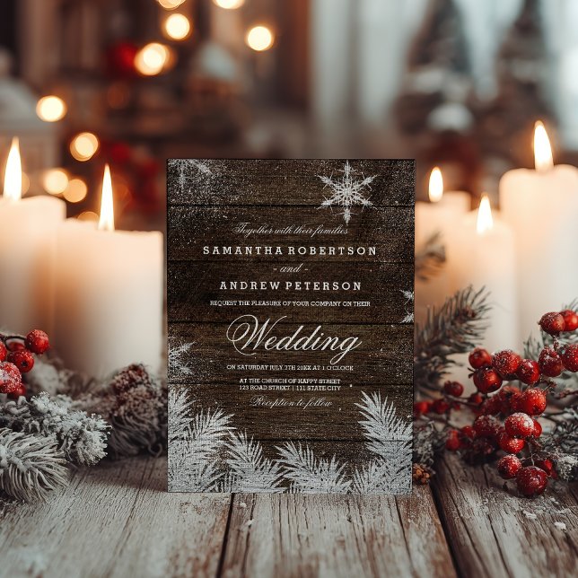 Rustic wood snowflake pine winter wedding invitation (Rustic wood snowflake pine winter wedding invitation)