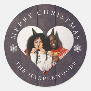 Rustic Wood Snowflakes Christmas 1 Photo Classic Round Sticker