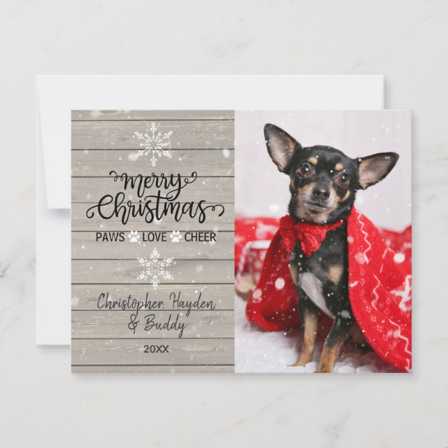 Rustic Wood Snowflakes Christmas Dog Photo Card (Front)