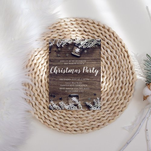 Rustic Wood Snowflakes Christmas Party Invitation