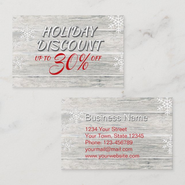 Rustic Wood Snowflakes Festive Red Script Discount Card (Front/Back)