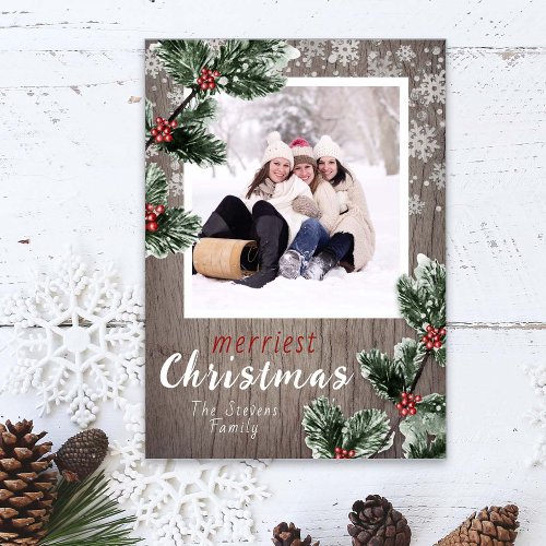 Rustic wood snowflakes greenery holiday photo card