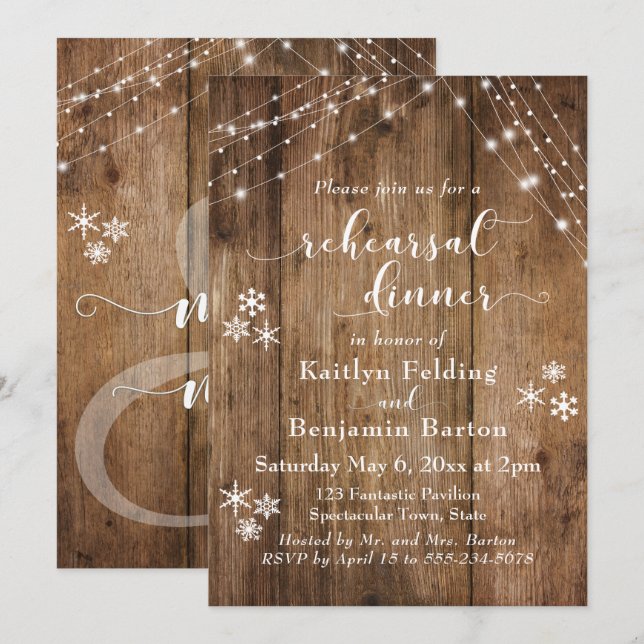 Rustic Wood, Snowflakes & Lights Rehearsal Dinner Invitation (Front/Back)