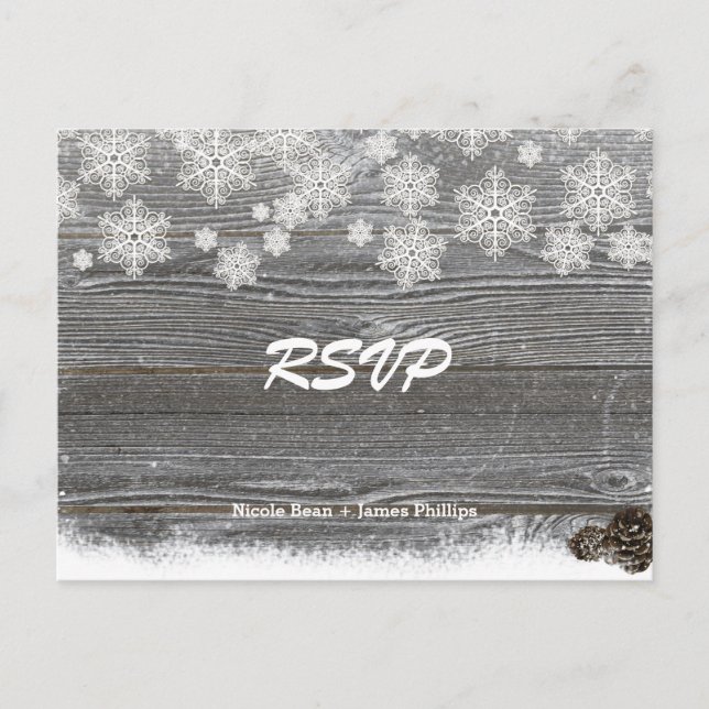 Rustic Wood & Snowflakes Wedding RSVP Postcard (Front)