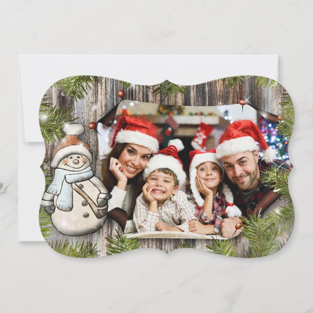 Rustic Wood Snowman Frame Fancy Cut Photo Holiday Card (Front)