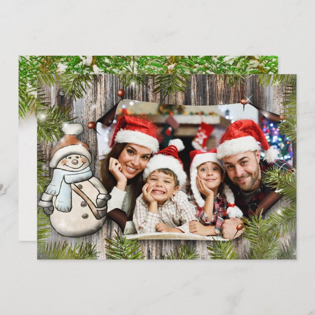 Rustic Wood Snowman Frame With Text on Back Photo Holiday Card (Front/Back)