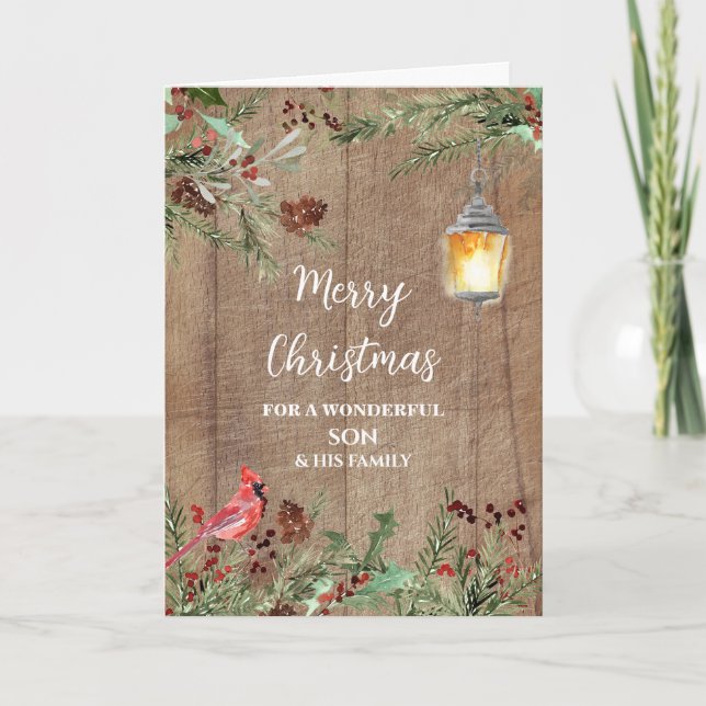 Rustic Wood Son & Family Merry Christmas Card (Front)