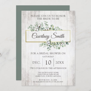 Rustic Wood Southern Cotton Boll Bridal Shower Invitation