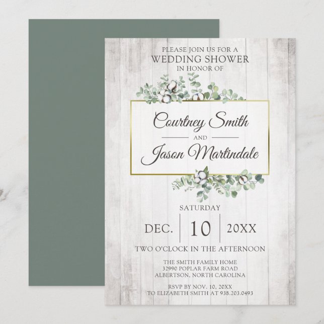 Rustic Wood Southern Cotton Boll Wedding Shower Invitation (Front/Back)