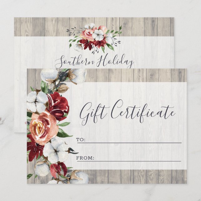 Rustic Wood Southern Cotton Gift Certificate Card (Front/Back)