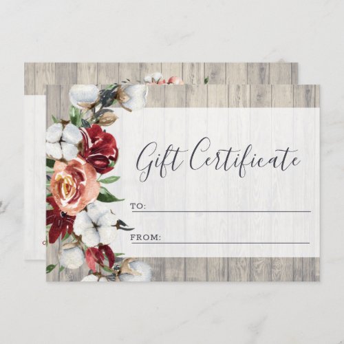 Rustic Wood Southern Cotton Gift Certificate Card