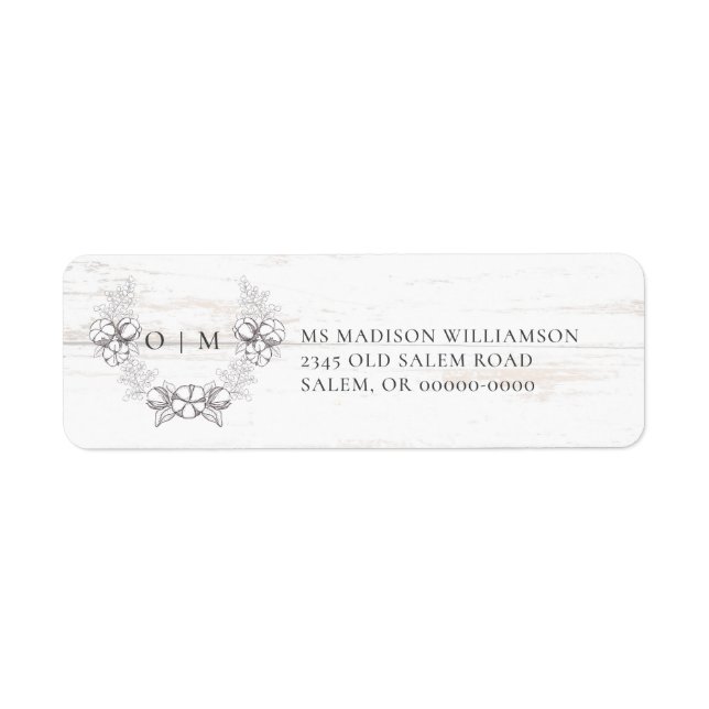 Rustic Wood Southern Cotton Wreath Monogram  Label (Front)
