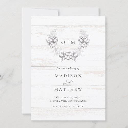 Rustic Wood Southern Cotton Wreath Monogram  Save The Date