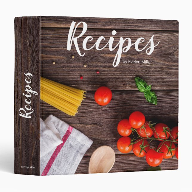 Rustic Wood Spaghetti Tomato Recipes Custom Name 3 Ring Binder (Front/Spine)