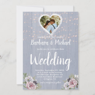 Rustic Wood Sparkle Lights Photo Floral Wedding Invitation
