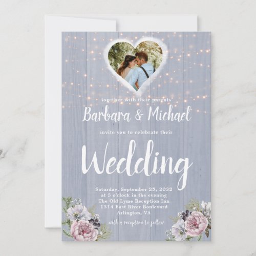 Rustic Wood Sparkle Lights Photo Floral Wedding  Invitation