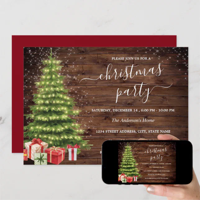Rustic Wood Sparkle Lights Tree Christmas Party Invitation | Zazzle
