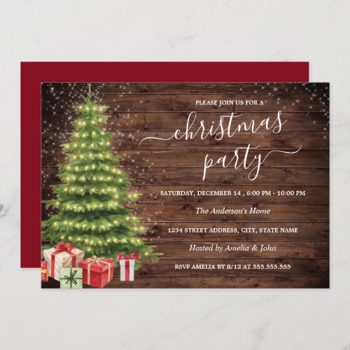 Rustic Wood Sparkle Lights Tree Christmas Party Invitation