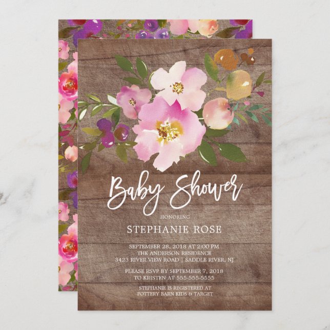 Rustic Wood Spring Bouquet Baby Shower Invitation (Front/Back)