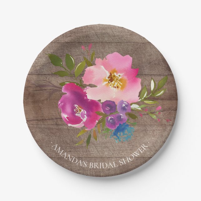 Rustic Wood Spring Flowers Shower 7" Plate (Front)