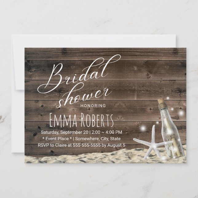 Rustic Wood Starfish Beach Bottle Bridal Shower Invitation (Front)