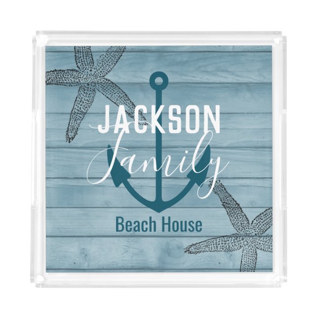 Rustic Wood Starfish Custom Family Beach House Acrylic Tray (Front)