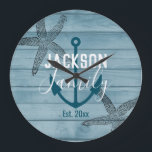 Rustic Wood Starfish Custom Family Beach House Large Clock<br><div class="desc">Rustic and elegant blue wood design. Starfish stamp overlay with anchor solid graphic. Custom family name in bold sans serif font and chic script family typography. All text is adjustable. Beautiful design for beach house,  vacation home,  boat,  or nautical themed home decor.</div>