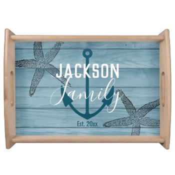 Rustic Wood Starfish Custom Family Beach House Serving Tray by ValarieDesigns at Zazzle