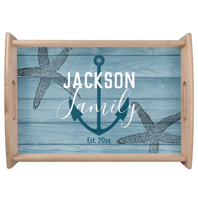 Rustic Wood Starfish Custom Family Beach House Serving Tray (Front)
