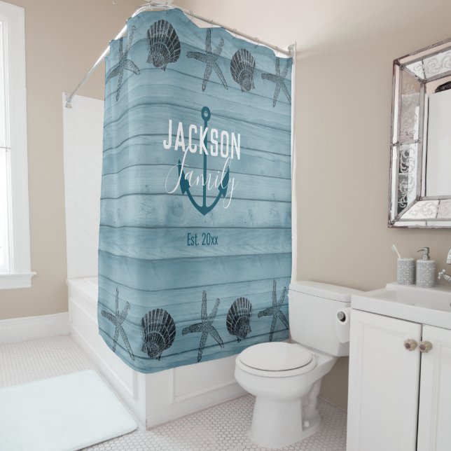 Rustic Wood Starfish Custom Family Beach House Shower Curtain (In Situ)