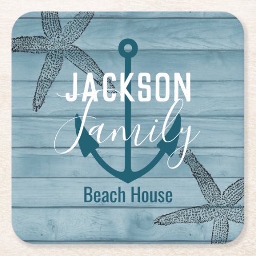 Rustic Wood Starfish Custom Family Beach House Square Paper Coaster