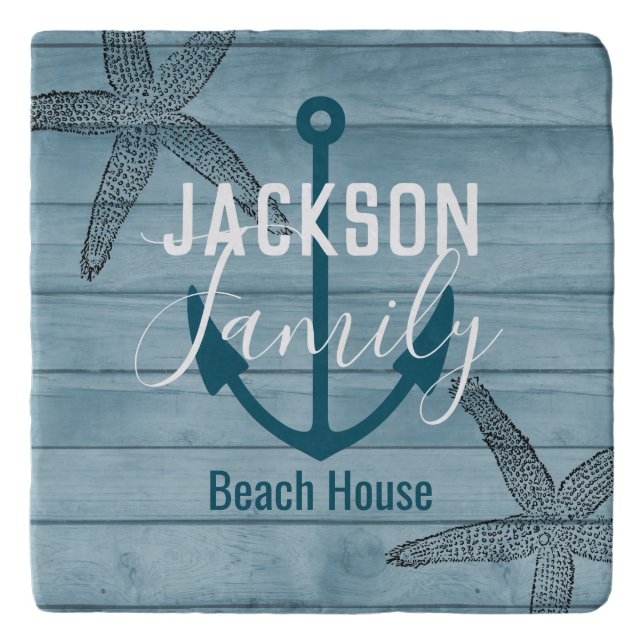 Rustic Wood Starfish Custom Family Beach House Trivet (Front)