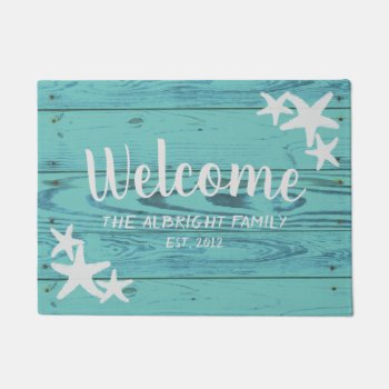 Rustic Wood Starfish Limpet Shell Blue Doormat by PandaCatGallery at Zazzle