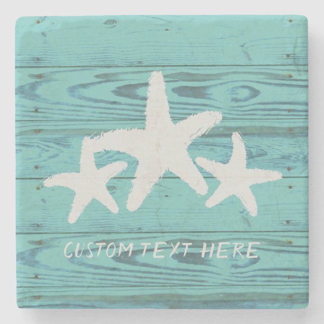 Rustic Wood Starfish Limpet Shell Blue Stone Coaster (Front)