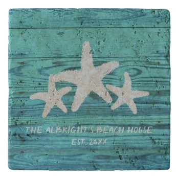 Rustic Wood Starfish Limpet Shell Blue Trivet by PandaCatGallery at Zazzle