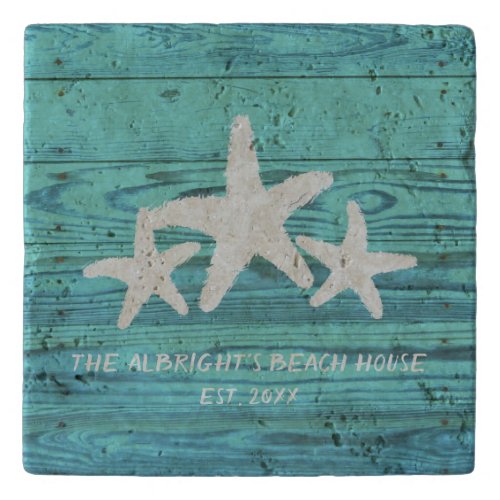 Rustic Wood Starfish Limpet Shell Blue Trivet