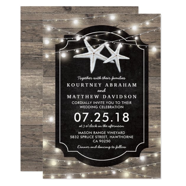 Rustic Wood Starfish Wedding | String Of Lights Invitation