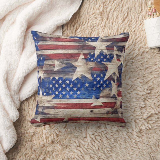 Rustic Wood Stars and Stripes Throw Pillow (Blanket)