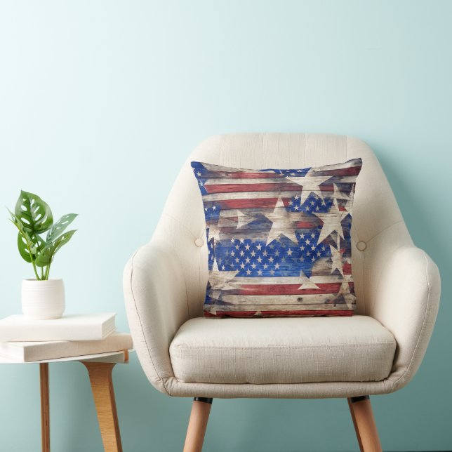 Rustic Wood Stars and Stripes Throw Pillow (Chair)