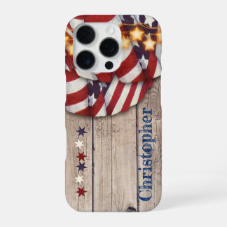 Rustic Wood Stars Patriotic Red White Custom Name iPhone 16 Pro Case