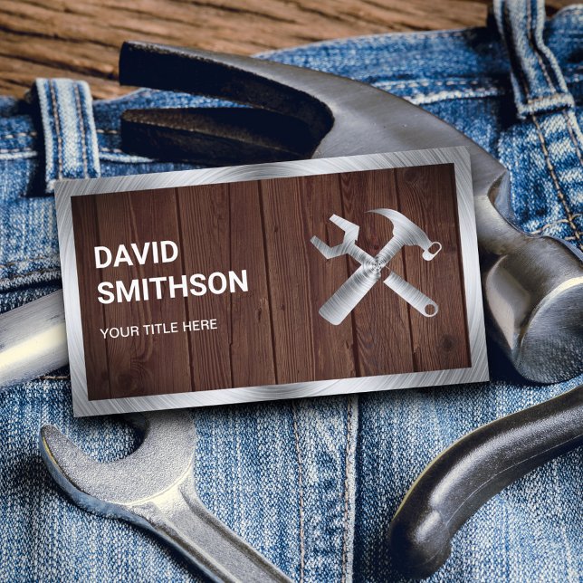 Rustic Wood Steel Handyman Auto Repair Mechanic Business Card (Creator Uploaded)