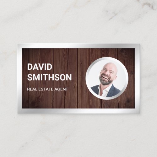 Rustic Wood Steel Silver Photo Real Estate Agent Business Card