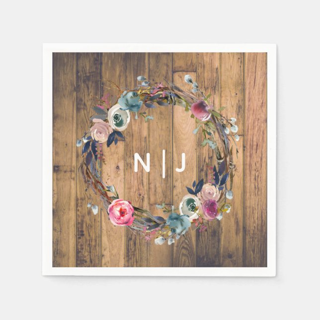 Rustic Wood Stick Floral Wreath Botanical Wedding Napkins (Front)