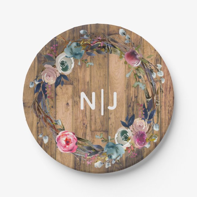 Rustic Wood Stick Floral Wreath Botanical Wedding Paper Plates (Front)
