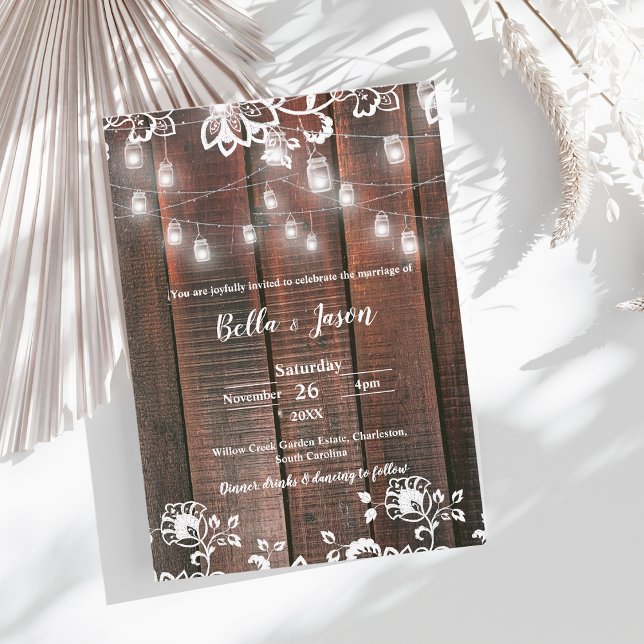 Rustic Wood String Light Barn Lace Country Wedding Invitation (Rustic Wood String Lights Wedding Invitation | Barn Lace Wood Country Wedding Invite)