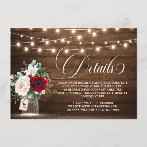 Rustic Wood String Light Burgundy Wedding Details Enclosure Card