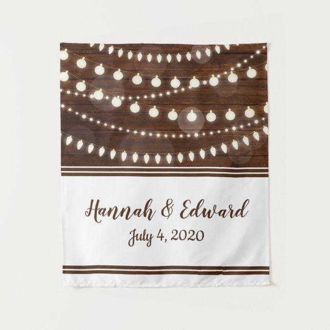 Rustic Wood String Light Custom Wedding Tapestry (Front)