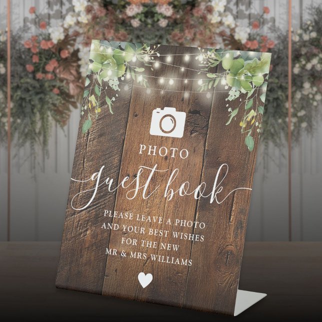 Rustic Wood String Light Greenery Photo Guest Book Pedestal Sign (Rustic Wood String Light Greenery Photo Guest Book Pedestal Sign)