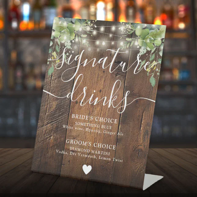 Rustic Wood String Light Greenery Signature Drinks Pedestal Sign | Zazzle